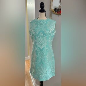 Vintage 60’s GORGEOUS Aqua Blue Brocade Mid Century Mod Mini Shift Dress!